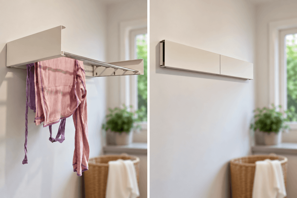 Fold-Out Laundry Rack that sits easily against the wall when not in use.